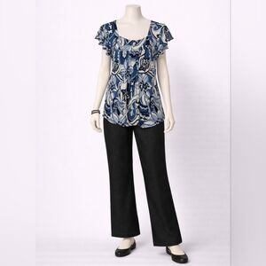 Ladies Flutter Sleeve Blue And White Blouse